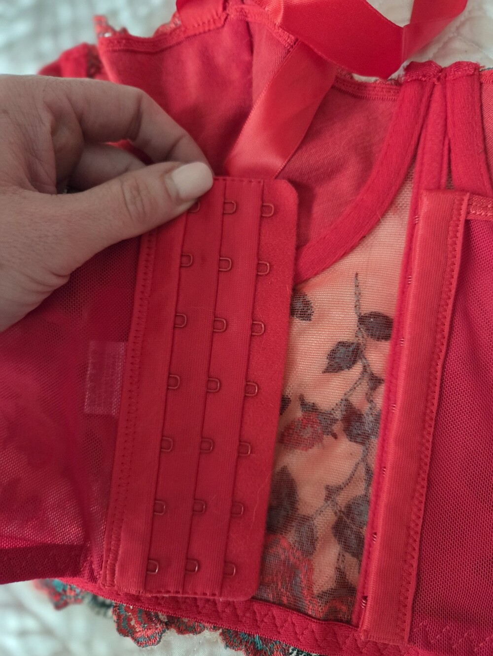Red Rose Embroidered Mesh Tie-Shoulder Corset Crop Top Size S - Picture 8 of 10